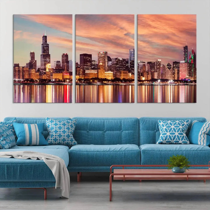 The Chicago Night Skyline Wall Art City Cityscape Canvas Picture Print features a vibrant city skyline at sunset and is gallery wrapped on museum-quality canvas, displayed on a dark wall.