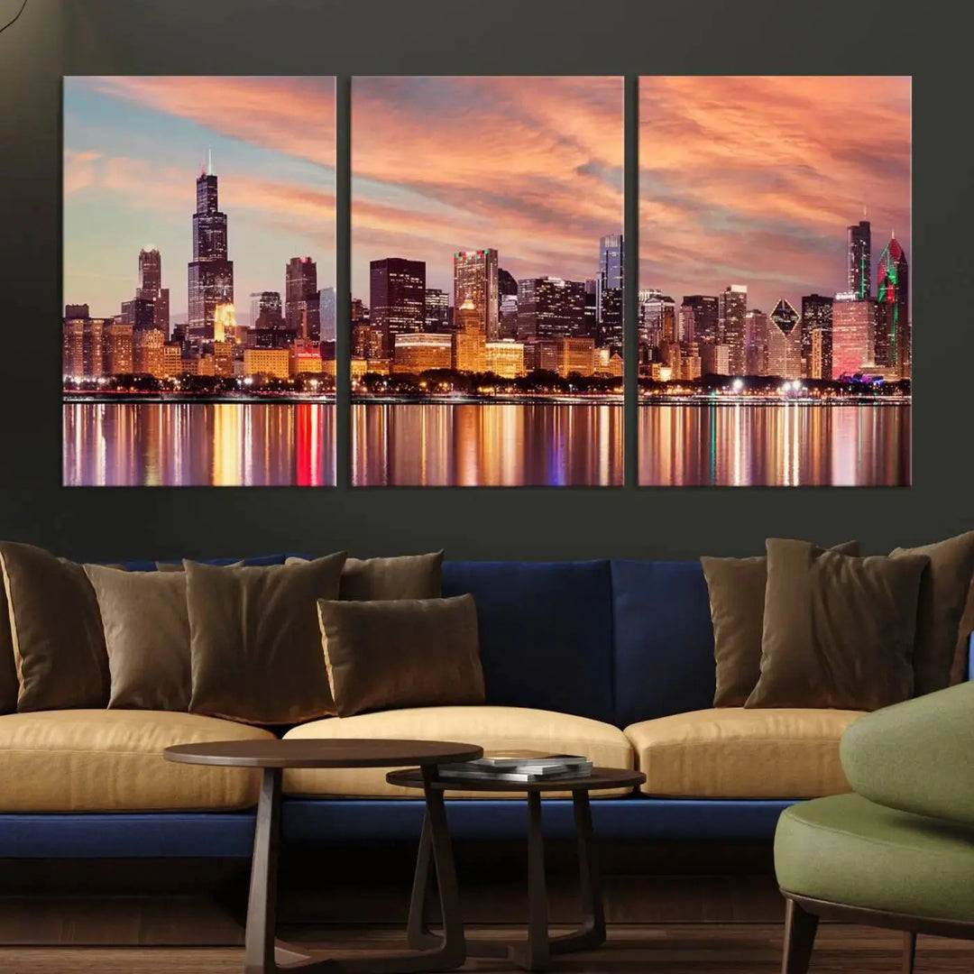 The Chicago Night Skyline Wall Art City Cityscape Canvas Picture Print features a vibrant city skyline at sunset and is gallery wrapped on museum-quality canvas, displayed on a dark wall.