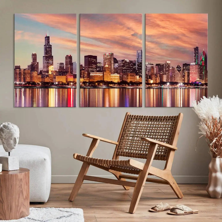 The Chicago Night Skyline Wall Art City Cityscape Canvas Picture Print features a vibrant city skyline at sunset and is gallery wrapped on museum-quality canvas, displayed on a dark wall.