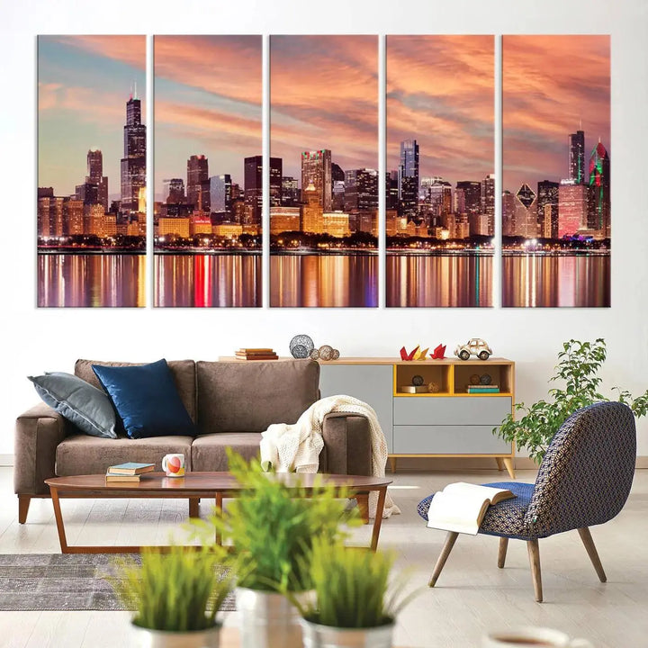 The Chicago Night Skyline Wall Art City Cityscape Canvas Picture Print features a vibrant city skyline at sunset and is gallery wrapped on museum-quality canvas, displayed on a dark wall.