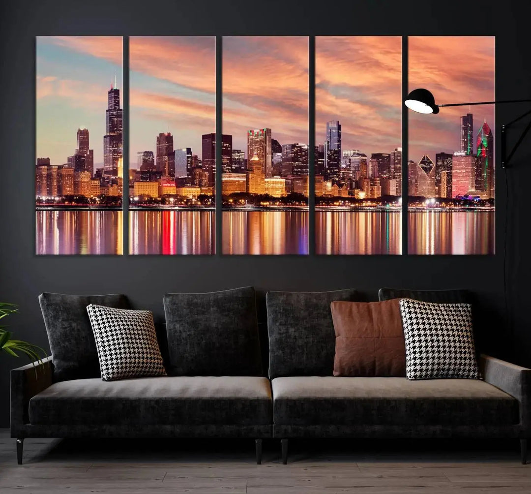 The Chicago Night Skyline Wall Art City Cityscape Canvas Picture Print features a vibrant city skyline at sunset and is gallery wrapped on museum-quality canvas, displayed on a dark wall.