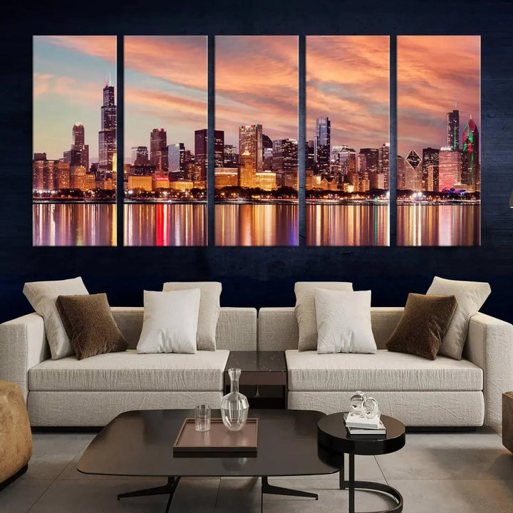 The Chicago Night Skyline Wall Art City Cityscape Canvas Picture Print features a vibrant city skyline at sunset and is gallery wrapped on museum-quality canvas, displayed on a dark wall.