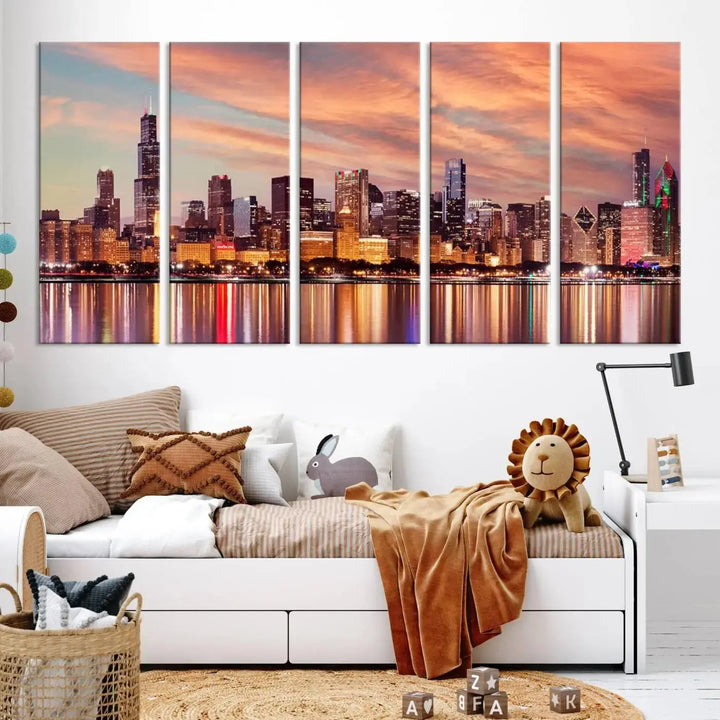 The Chicago Night Skyline Wall Art City Cityscape Canvas Picture Print features a vibrant city skyline at sunset and is gallery wrapped on museum-quality canvas, displayed on a dark wall.