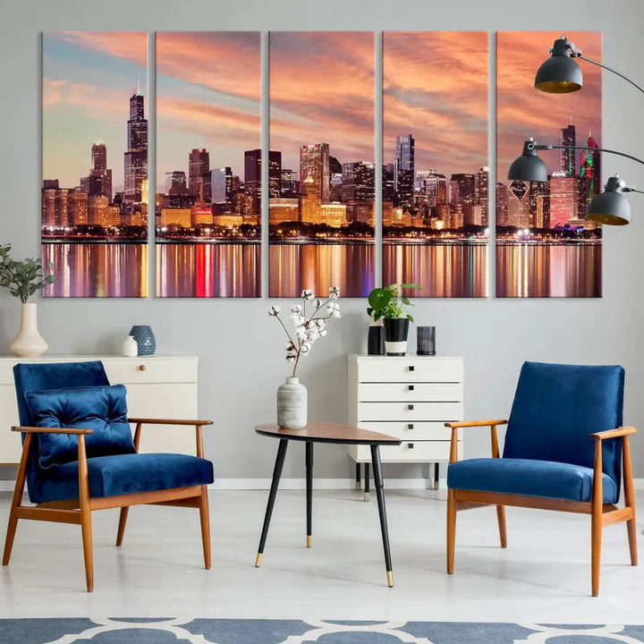 The Chicago Night Skyline Wall Art City Cityscape Canvas Picture Print features a vibrant city skyline at sunset and is gallery wrapped on museum-quality canvas, displayed on a dark wall.