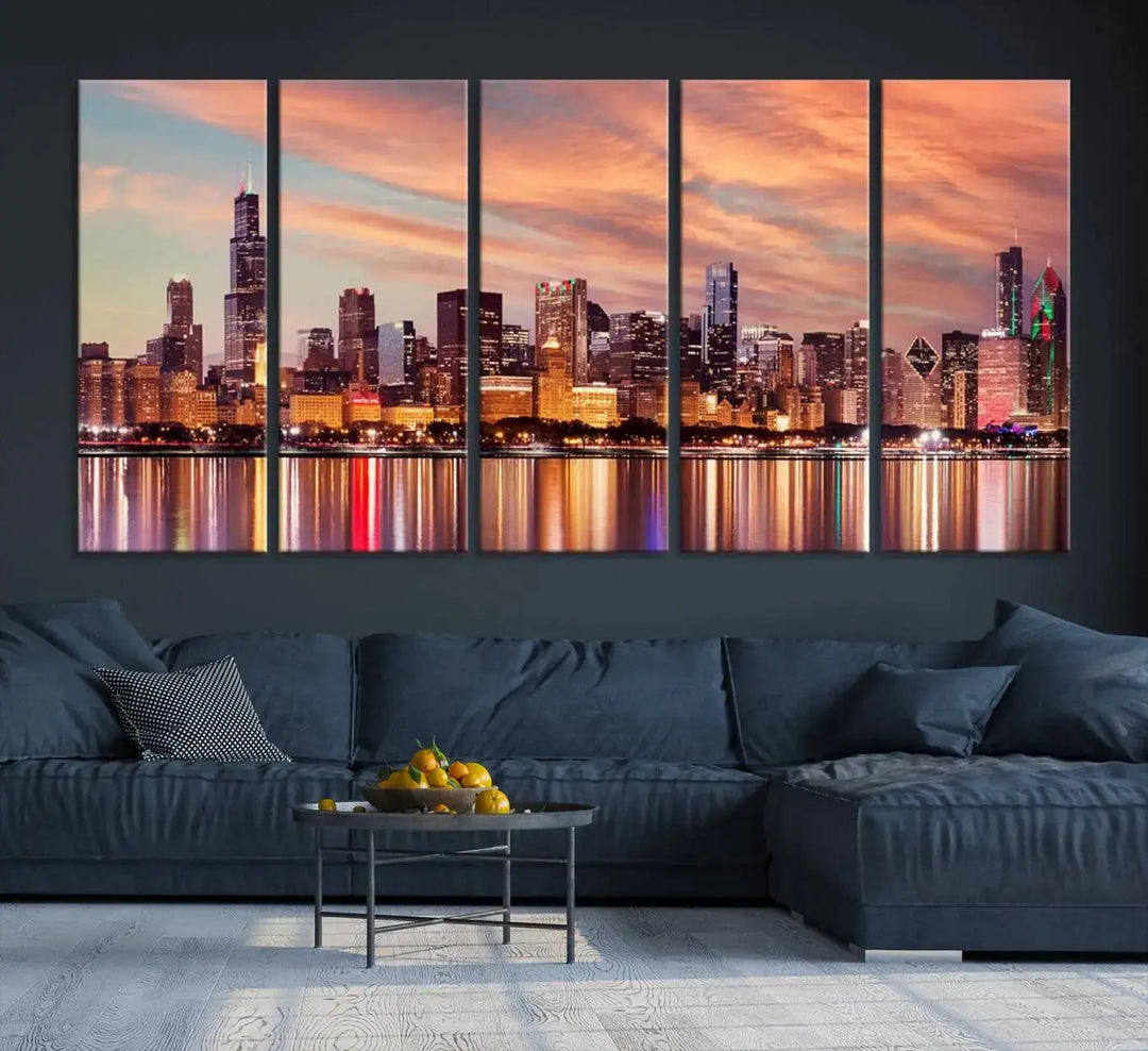 The Chicago Night Skyline Wall Art City Cityscape Canvas Picture Print features a vibrant city skyline at sunset and is gallery wrapped on museum-quality canvas, displayed on a dark wall.