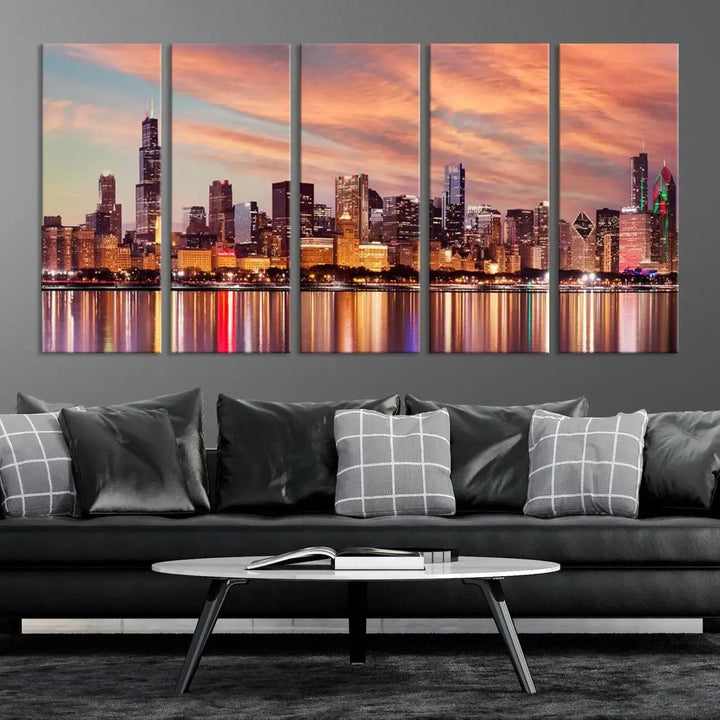 The Chicago Night Skyline Wall Art City Cityscape Canvas Picture Print features a vibrant city skyline at sunset and is gallery wrapped on museum-quality canvas, displayed on a dark wall.