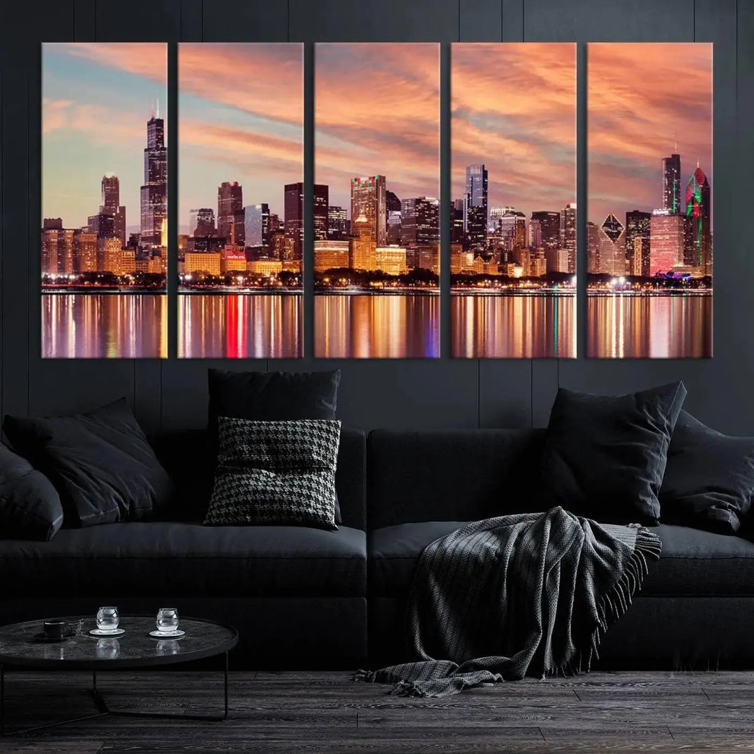 The Chicago Night Skyline Wall Art City Cityscape Canvas Picture Print features a vibrant city skyline at sunset and is gallery wrapped on museum-quality canvas, displayed on a dark wall.