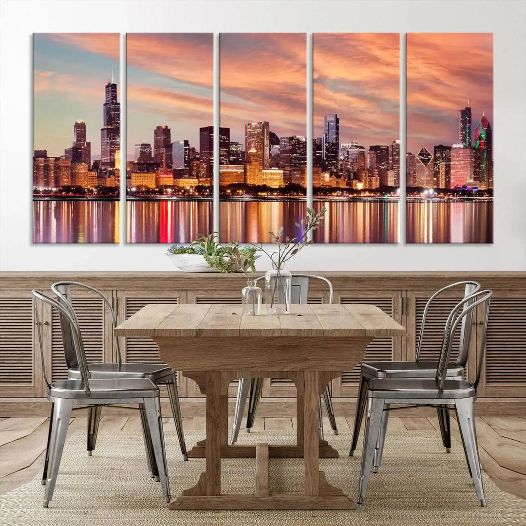 The Chicago Night Skyline Wall Art City Cityscape Canvas Picture Print features a vibrant city skyline at sunset and is gallery wrapped on museum-quality canvas, displayed on a dark wall.