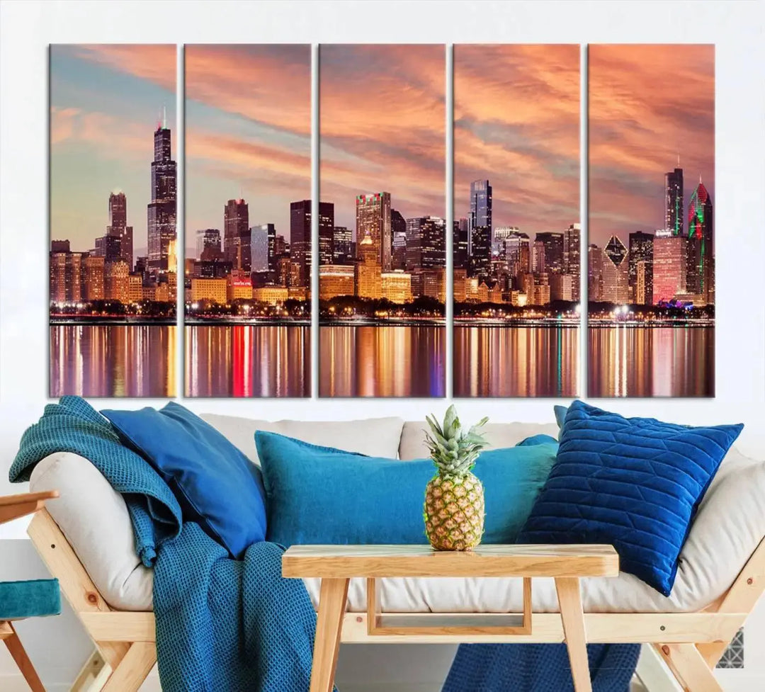 The Chicago Night Skyline Wall Art City Cityscape Canvas Picture Print features a vibrant city skyline at sunset and is gallery wrapped on museum-quality canvas, displayed on a dark wall.