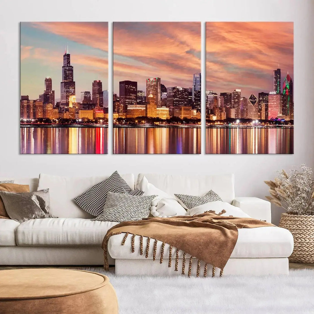 The Chicago Night Skyline Wall Art City Cityscape Canvas Picture Print features a vibrant city skyline at sunset and is gallery wrapped on museum-quality canvas, displayed on a dark wall.