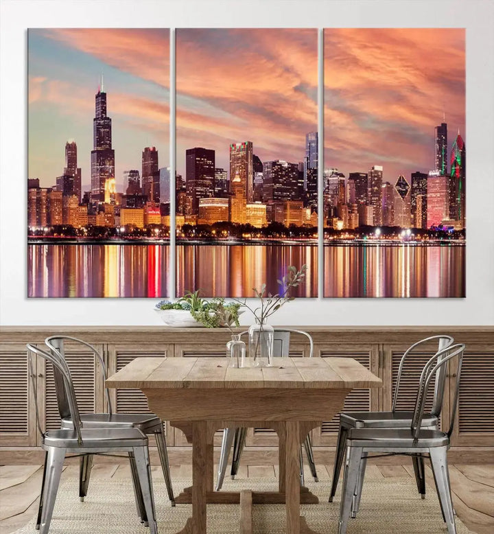 The Chicago Night Skyline Wall Art City Cityscape Canvas Picture Print features a vibrant city skyline at sunset and is gallery wrapped on museum-quality canvas, displayed on a dark wall.