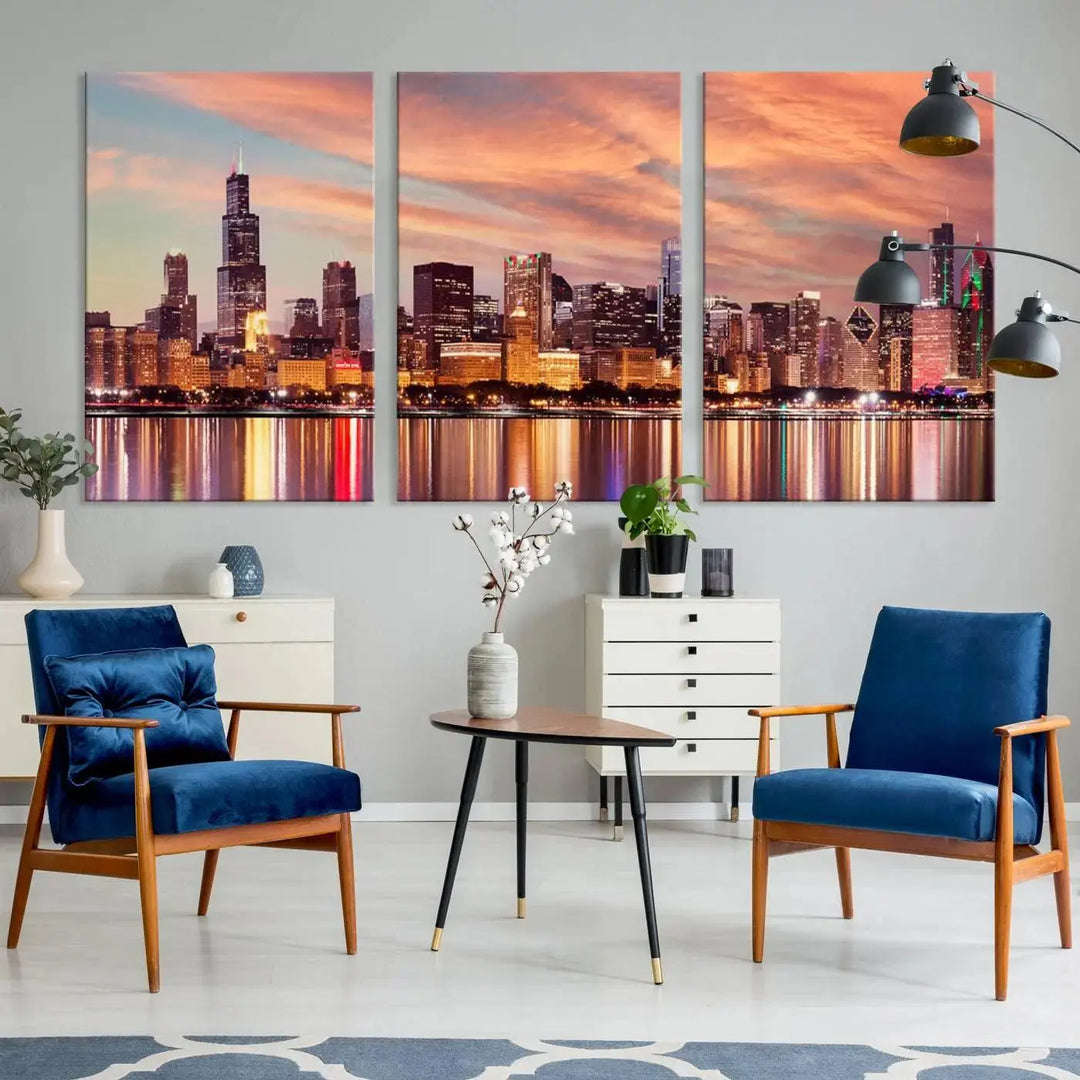 The Chicago Night Skyline Wall Art City Cityscape Canvas Picture Print features a vibrant city skyline at sunset and is gallery wrapped on museum-quality canvas, displayed on a dark wall.