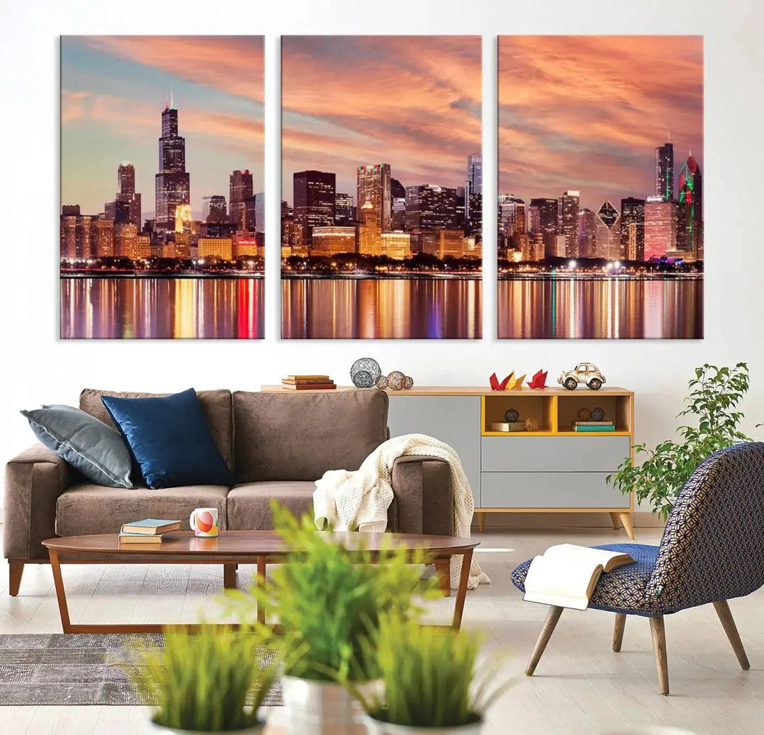 The Chicago Night Skyline Wall Art City Cityscape Canvas Picture Print features a vibrant city skyline at sunset and is gallery wrapped on museum-quality canvas, displayed on a dark wall.