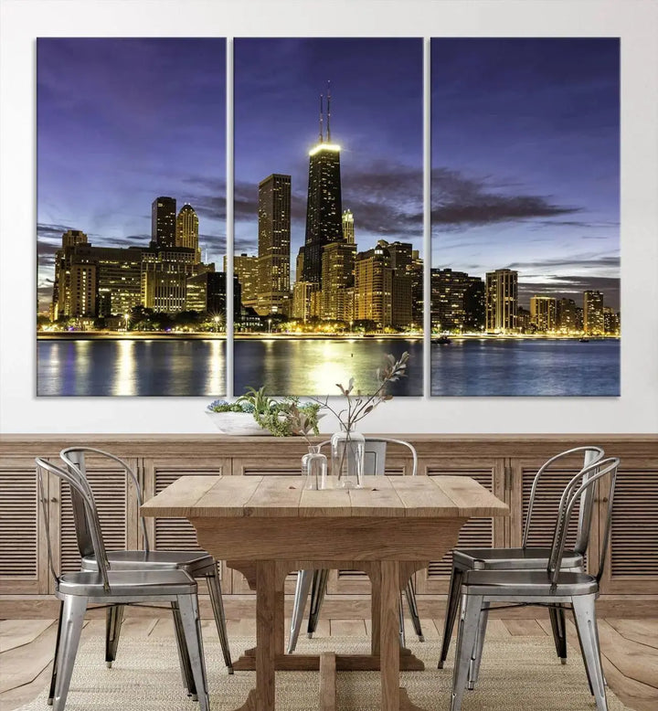 Chicago Night Skyline Cityscape Canvas Picture Print is a stunning three-panel wall art piece, perfect for adding sophistication to any setting. Crafted by professional artisans, this artwork features museum-quality canvases designed to enhance your space. Enjoy free shipping with your purchase.