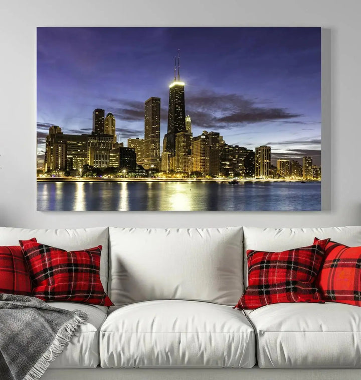 Chicago Night Skyline Cityscape Canvas Picture Print is a stunning three-panel wall art piece, perfect for adding sophistication to any setting. Crafted by professional artisans, this artwork features museum-quality canvases designed to enhance your space. Enjoy free shipping with your purchase.