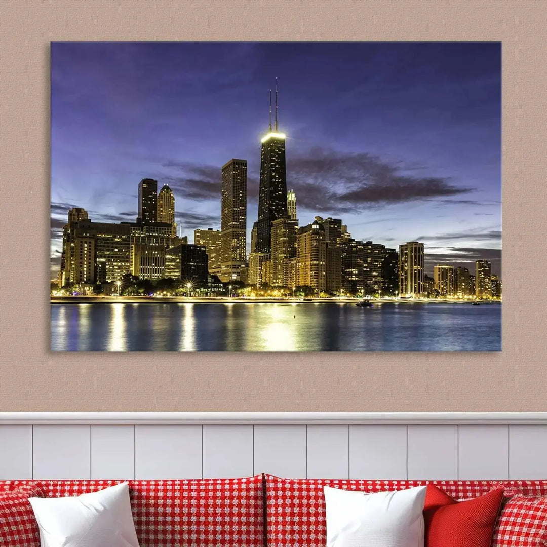 Chicago Night Skyline Cityscape Canvas Picture Print is a stunning three-panel wall art piece, perfect for adding sophistication to any setting. Crafted by professional artisans, this artwork features museum-quality canvases designed to enhance your space. Enjoy free shipping with your purchase.