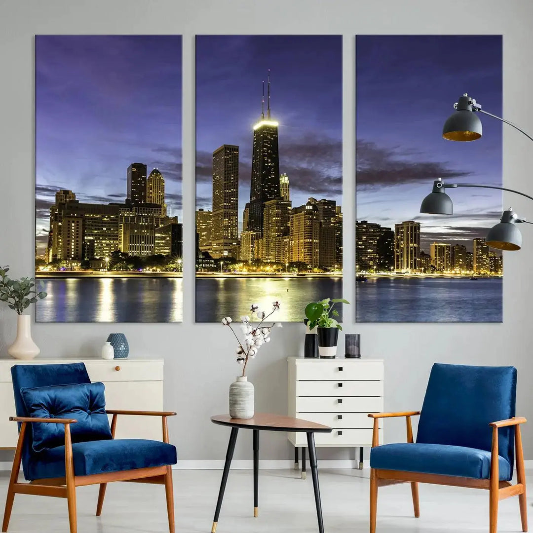 Chicago Night Skyline Cityscape Canvas Picture Print is a stunning three-panel wall art piece, perfect for adding sophistication to any setting. Crafted by professional artisans, this artwork features museum-quality canvases designed to enhance your space. Enjoy free shipping with your purchase.