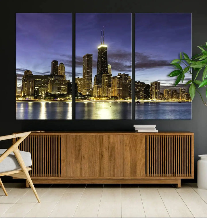 Chicago Night Skyline Cityscape Canvas Picture Print is a stunning three-panel wall art piece, perfect for adding sophistication to any setting. Crafted by professional artisans, this artwork features museum-quality canvases designed to enhance your space. Enjoy free shipping with your purchase.