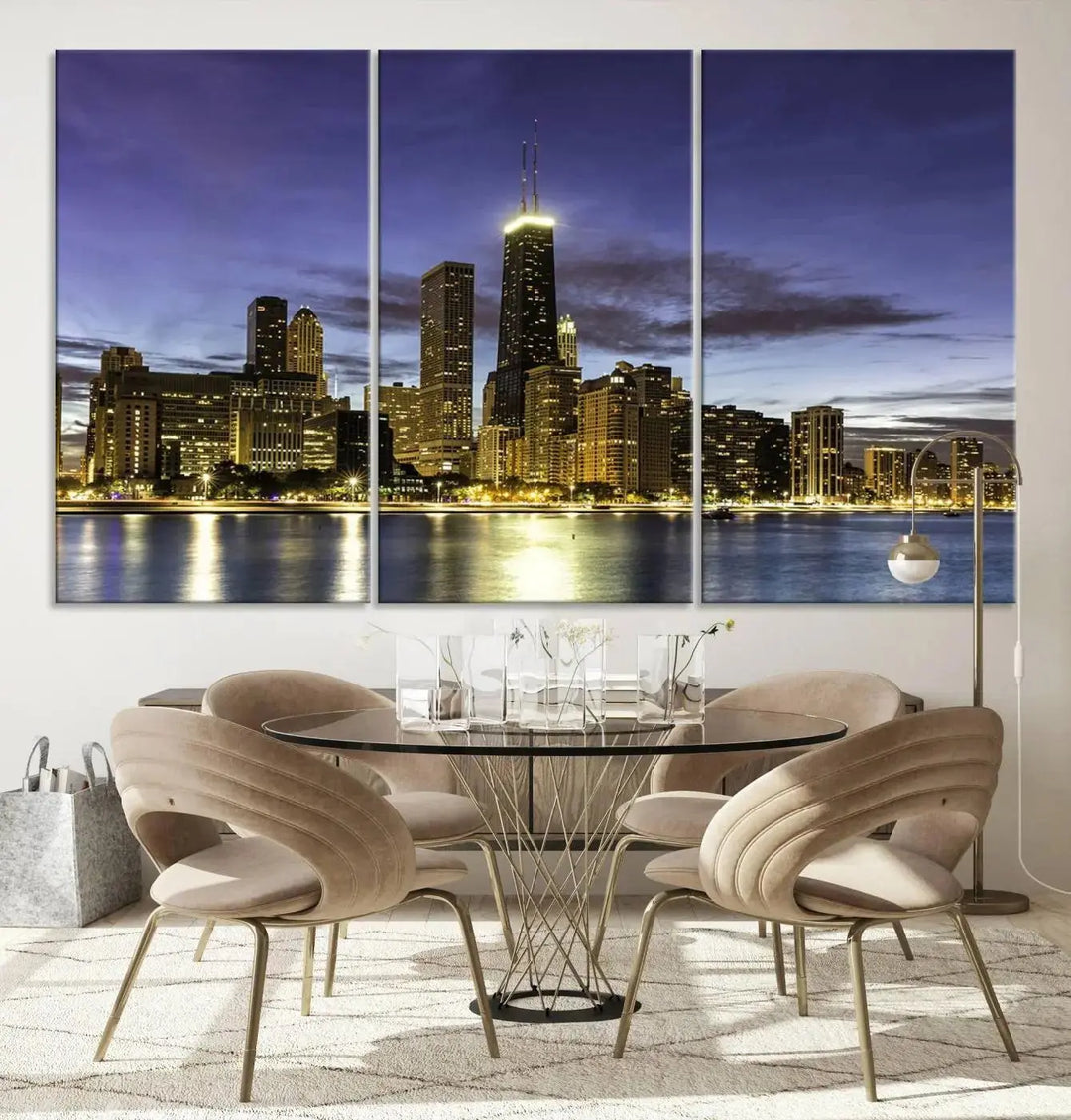 Chicago Night Skyline Cityscape Canvas Picture Print is a stunning three-panel wall art piece, perfect for adding sophistication to any setting. Crafted by professional artisans, this artwork features museum-quality canvases designed to enhance your space. Enjoy free shipping with your purchase.