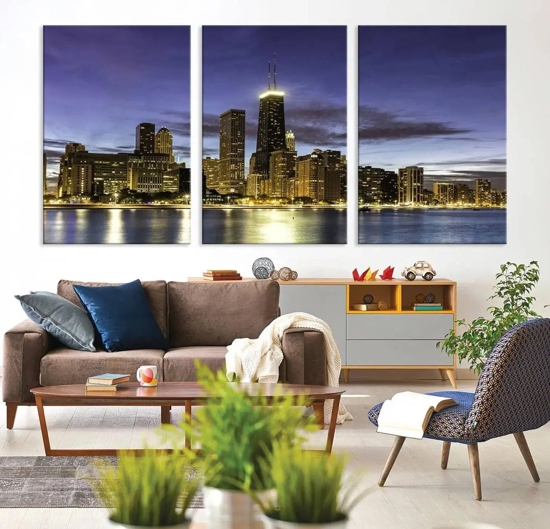 Chicago Night Skyline Cityscape Canvas Picture Print is a stunning three-panel wall art piece, perfect for adding sophistication to any setting. Crafted by professional artisans, this artwork features museum-quality canvases designed to enhance your space. Enjoy free shipping with your purchase.