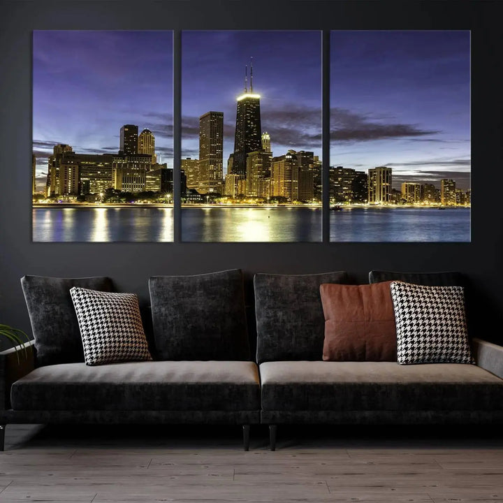 Chicago Night Skyline Cityscape Canvas Picture Print is a stunning three-panel wall art piece, perfect for adding sophistication to any setting. Crafted by professional artisans, this artwork features museum-quality canvases designed to enhance your space. Enjoy free shipping with your purchase.