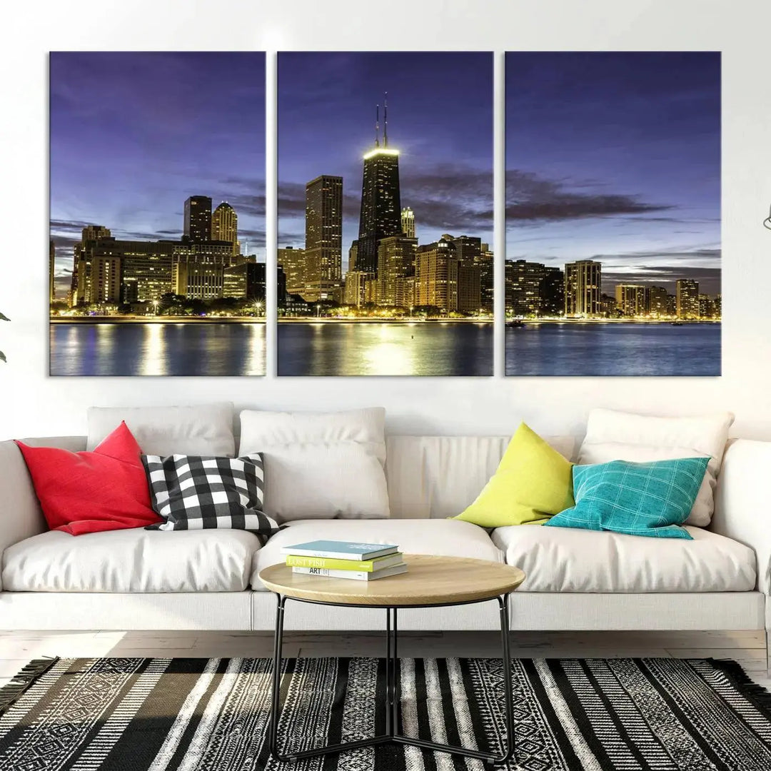 Chicago Night Skyline Cityscape Canvas Picture Print is a stunning three-panel wall art piece, perfect for adding sophistication to any setting. Crafted by professional artisans, this artwork features museum-quality canvases designed to enhance your space. Enjoy free shipping with your purchase.