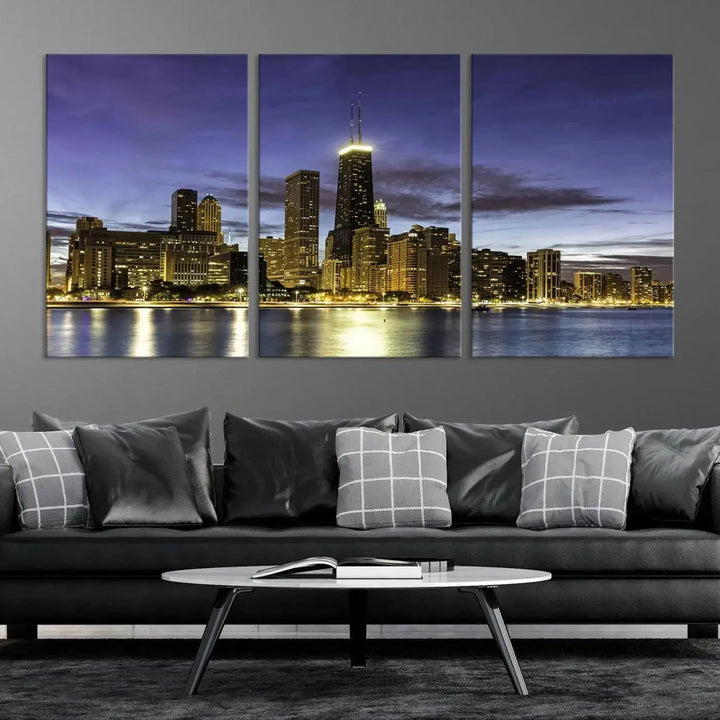 Chicago Night Skyline Cityscape Canvas Picture Print is a stunning three-panel wall art piece, perfect for adding sophistication to any setting. Crafted by professional artisans, this artwork features museum-quality canvases designed to enhance your space. Enjoy free shipping with your purchase.