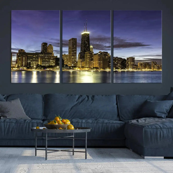 Chicago Night Skyline Cityscape Canvas Picture Print is a stunning three-panel wall art piece, perfect for adding sophistication to any setting. Crafted by professional artisans, this artwork features museum-quality canvases designed to enhance your space. Enjoy free shipping with your purchase.