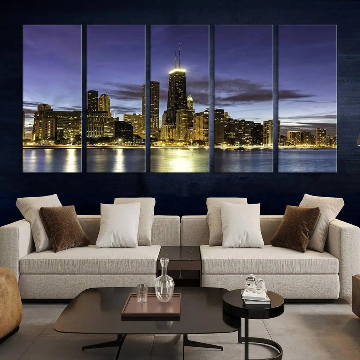 Chicago Night Skyline Cityscape Canvas Picture Print is a stunning three-panel wall art piece, perfect for adding sophistication to any setting. Crafted by professional artisans, this artwork features museum-quality canvases designed to enhance your space. Enjoy free shipping with your purchase.