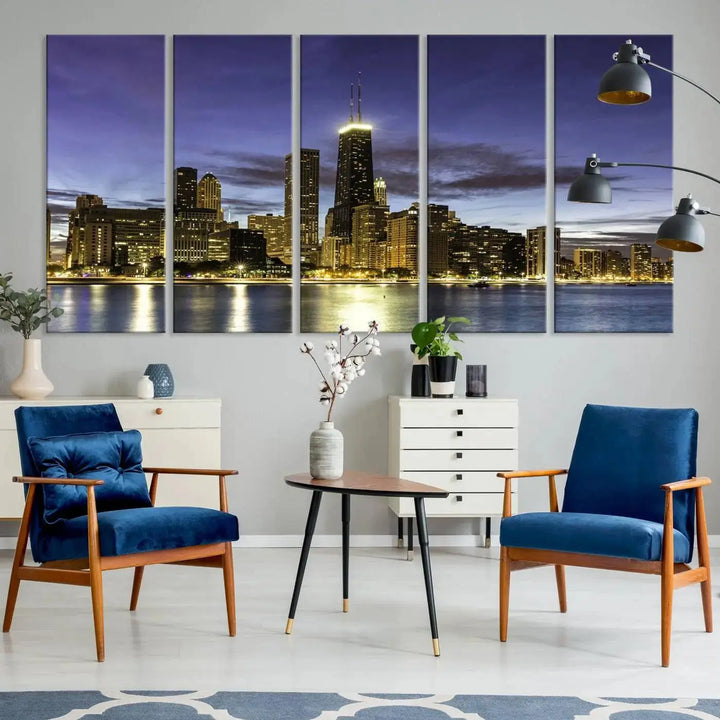 Chicago Night Skyline Cityscape Canvas Picture Print is a stunning three-panel wall art piece, perfect for adding sophistication to any setting. Crafted by professional artisans, this artwork features museum-quality canvases designed to enhance your space. Enjoy free shipping with your purchase.