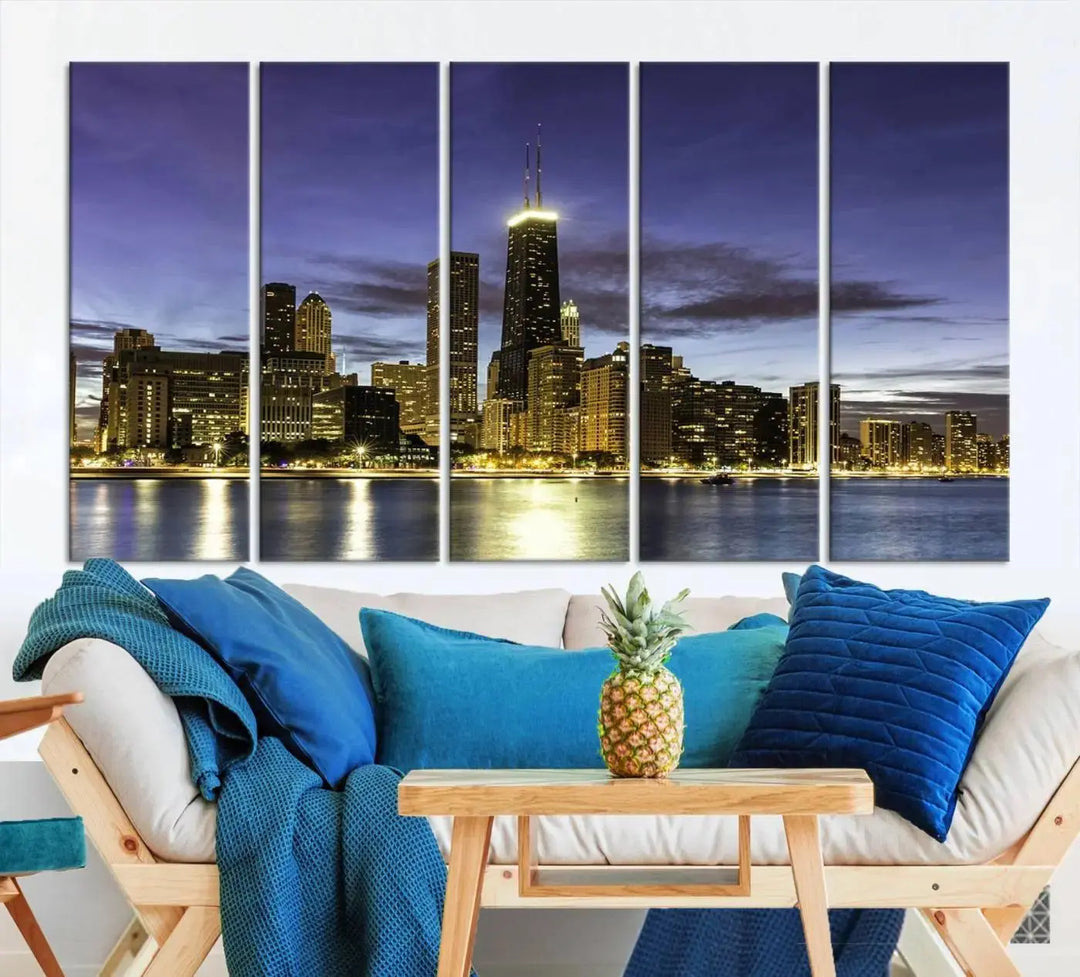 Chicago Night Skyline Cityscape Canvas Picture Print is a stunning three-panel wall art piece, perfect for adding sophistication to any setting. Crafted by professional artisans, this artwork features museum-quality canvases designed to enhance your space. Enjoy free shipping with your purchase.