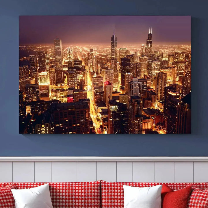 A large artwork showcasing the Chicago Night Skyline cityscape is elegantly displayed on a gallery-wrapped, museum-quality canvas.