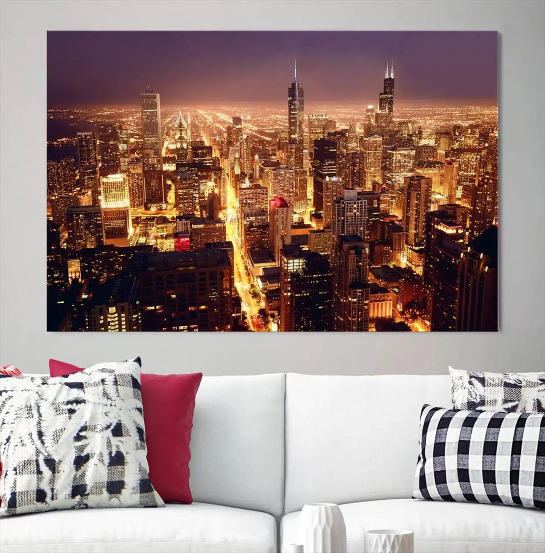 A large artwork showcasing the Chicago Night Skyline cityscape is elegantly displayed on a gallery-wrapped, museum-quality canvas.