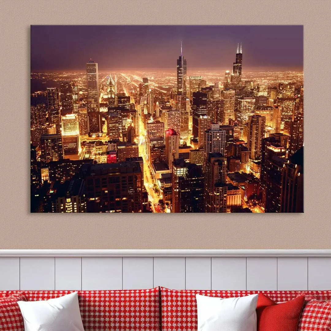 A large artwork showcasing the Chicago Night Skyline cityscape is elegantly displayed on a gallery-wrapped, museum-quality canvas.