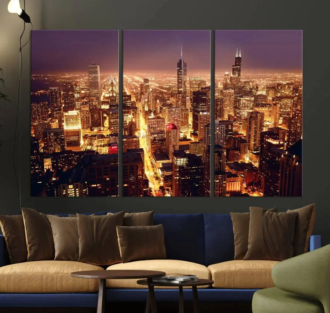 A large artwork showcasing the Chicago Night Skyline cityscape is elegantly displayed on a gallery-wrapped, museum-quality canvas.