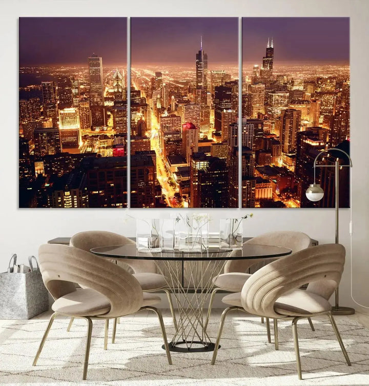 A large artwork showcasing the Chicago Night Skyline cityscape is elegantly displayed on a gallery-wrapped, museum-quality canvas.