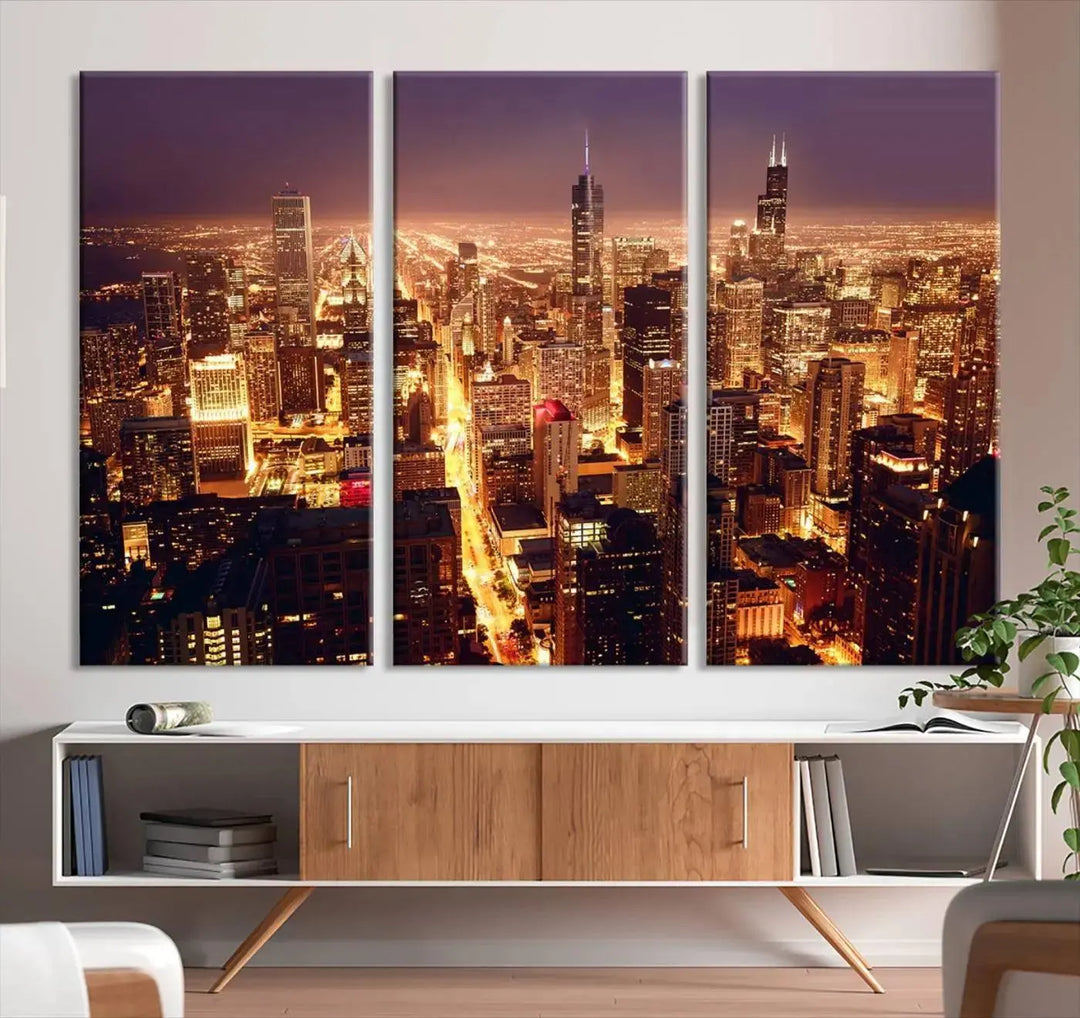 A large artwork showcasing the Chicago Night Skyline cityscape is elegantly displayed on a gallery-wrapped, museum-quality canvas.