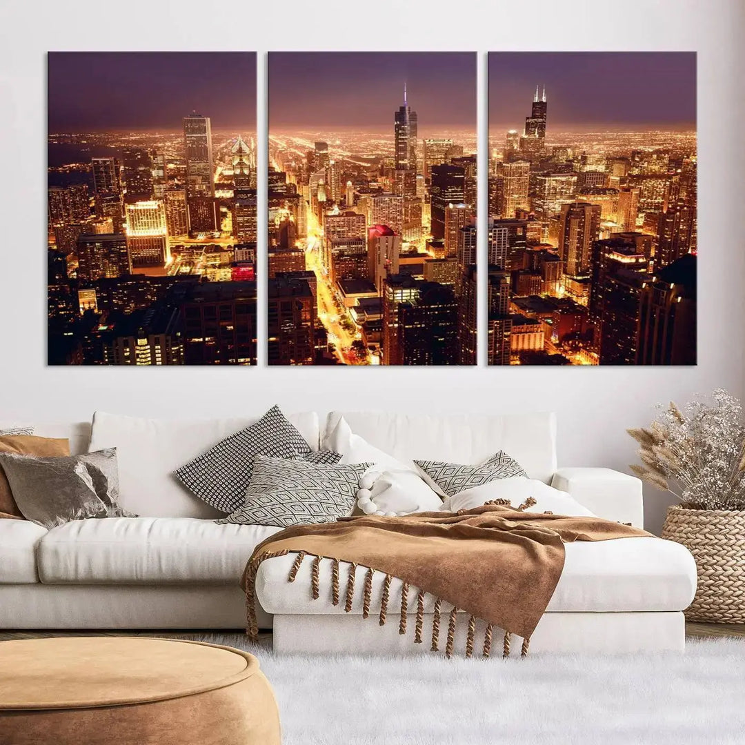 A large artwork showcasing the Chicago Night Skyline cityscape is elegantly displayed on a gallery-wrapped, museum-quality canvas.