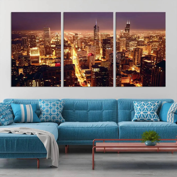 A large artwork showcasing the Chicago Night Skyline cityscape is elegantly displayed on a gallery-wrapped, museum-quality canvas.