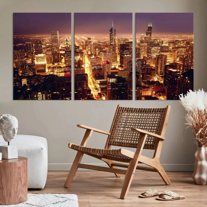 A large artwork showcasing the Chicago Night Skyline cityscape is elegantly displayed on a gallery-wrapped, museum-quality canvas.