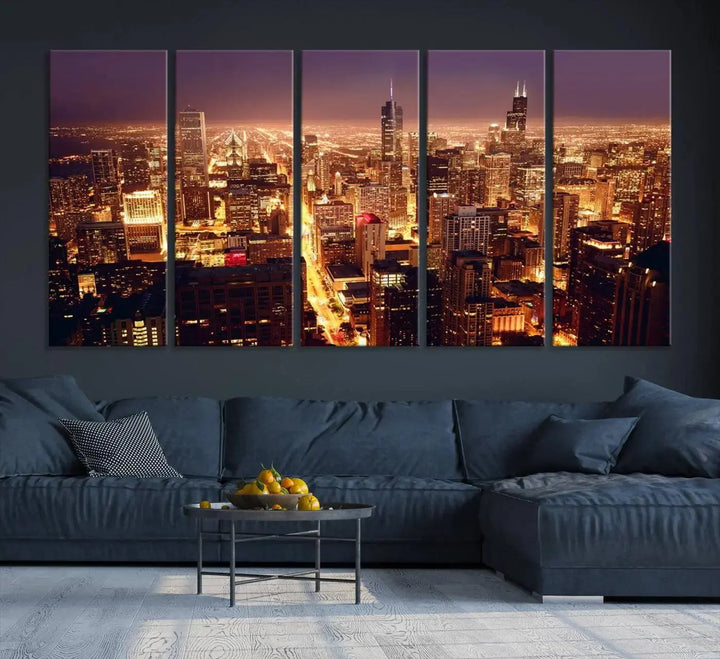 A large artwork showcasing the Chicago Night Skyline cityscape is elegantly displayed on a gallery-wrapped, museum-quality canvas.