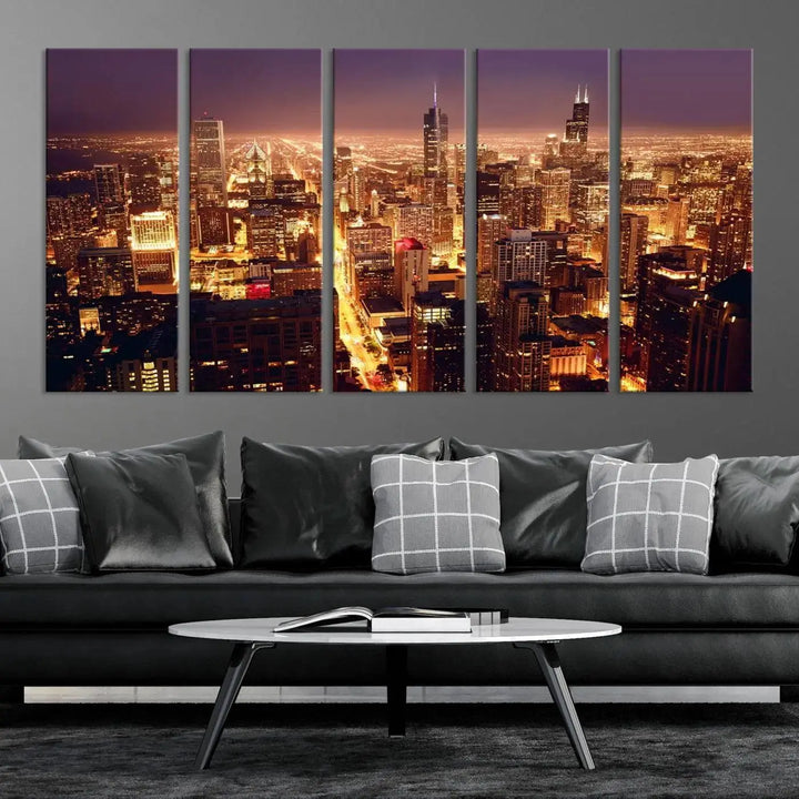 A large artwork showcasing the Chicago Night Skyline cityscape is elegantly displayed on a gallery-wrapped, museum-quality canvas.