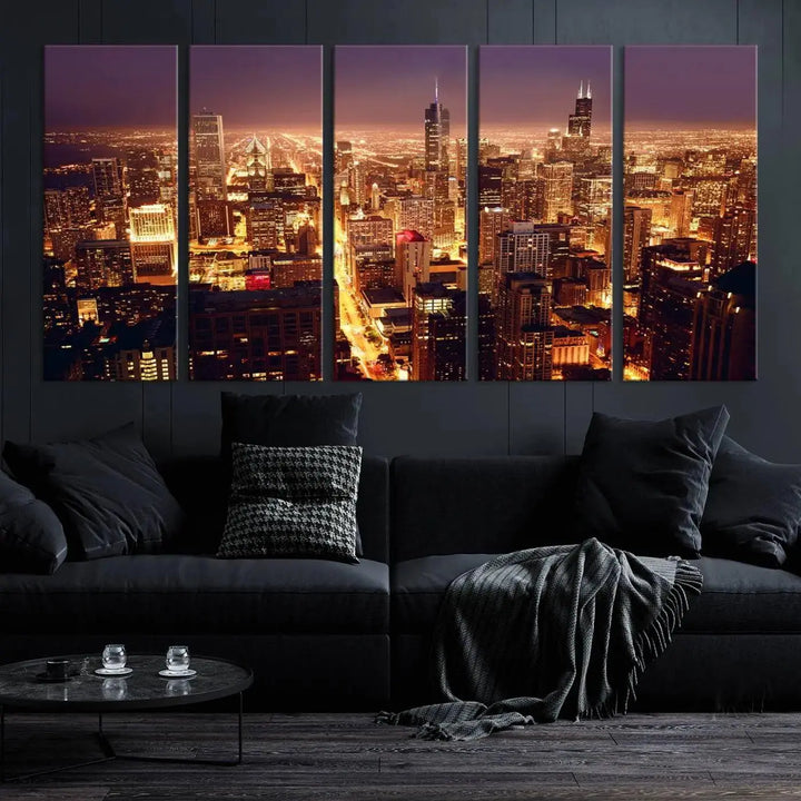 A large artwork showcasing the Chicago Night Skyline cityscape is elegantly displayed on a gallery-wrapped, museum-quality canvas.