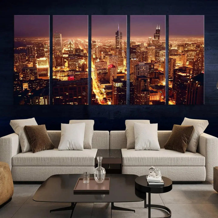 A large artwork showcasing the Chicago Night Skyline cityscape is elegantly displayed on a gallery-wrapped, museum-quality canvas.