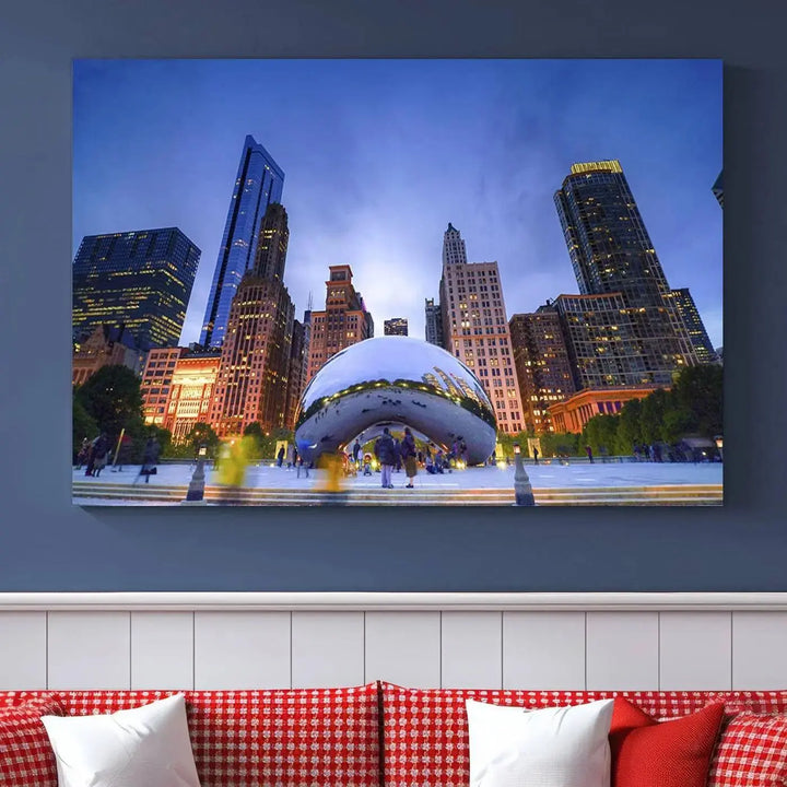 The Chicago Night Skyline Wall Art City Cityscape Canvas Picture Print, featuring the Bean sculpture, beautifully adorns the wall with its captivating depiction of the city's iconic scenery.