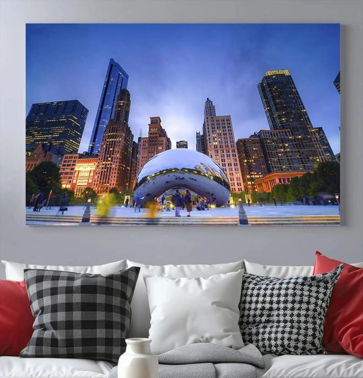 The Chicago Night Skyline Wall Art City Cityscape Canvas Picture Print, featuring the Bean sculpture, beautifully adorns the wall with its captivating depiction of the city's iconic scenery.