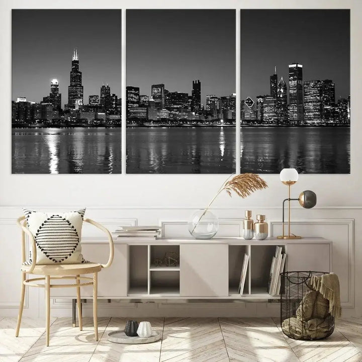 The Chicago Wall Art Canvas Print, a black and white triptych of a city skyline, adorns the space. This museum-quality canvas art arrives ready to hang, effortlessly merging sophistication with contemporary design.