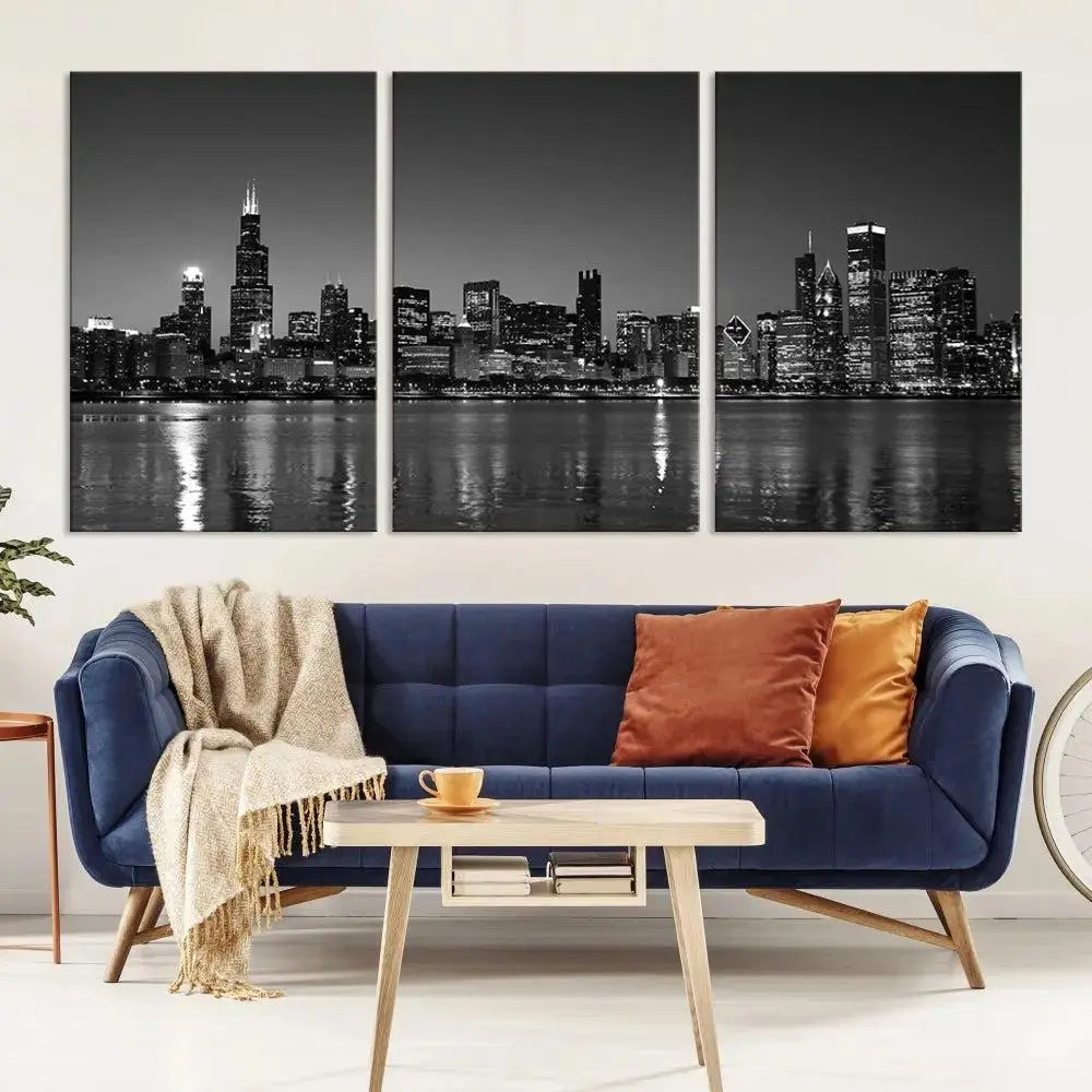 The Chicago Wall Art Canvas Print, a black and white triptych of a city skyline, adorns the space. This museum-quality canvas art arrives ready to hang, effortlessly merging sophistication with contemporary design.