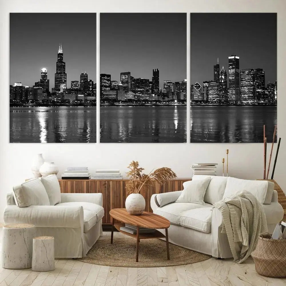 The Chicago Wall Art Canvas Print, a black and white triptych of a city skyline, adorns the space. This museum-quality canvas art arrives ready to hang, effortlessly merging sophistication with contemporary design.