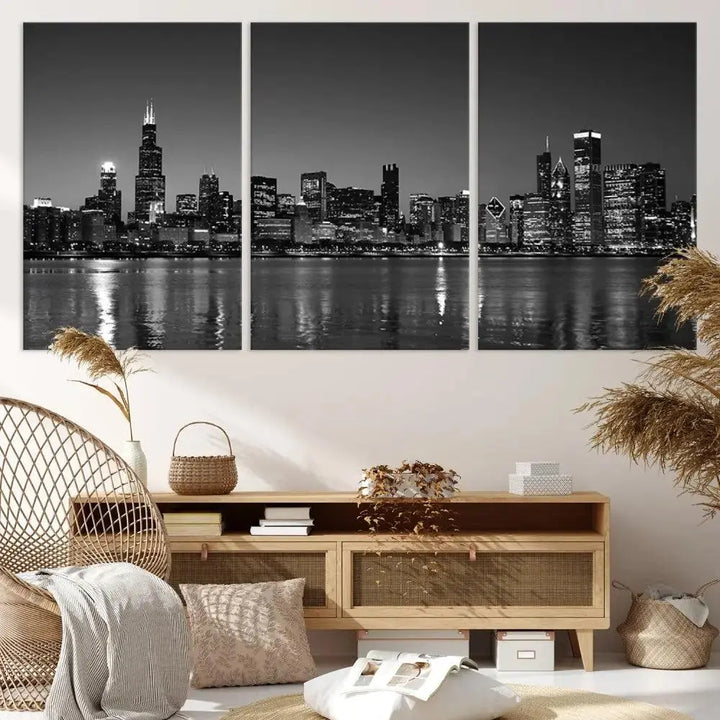 The Chicago Wall Art Canvas Print, a black and white triptych of a city skyline, adorns the space. This museum-quality canvas art arrives ready to hang, effortlessly merging sophistication with contemporary design.